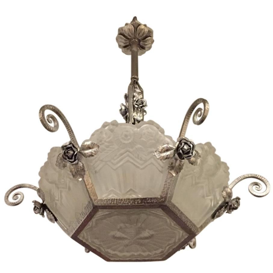 Gorgeous French Art Deco Chandelier by Jean Noverdy. For Sale