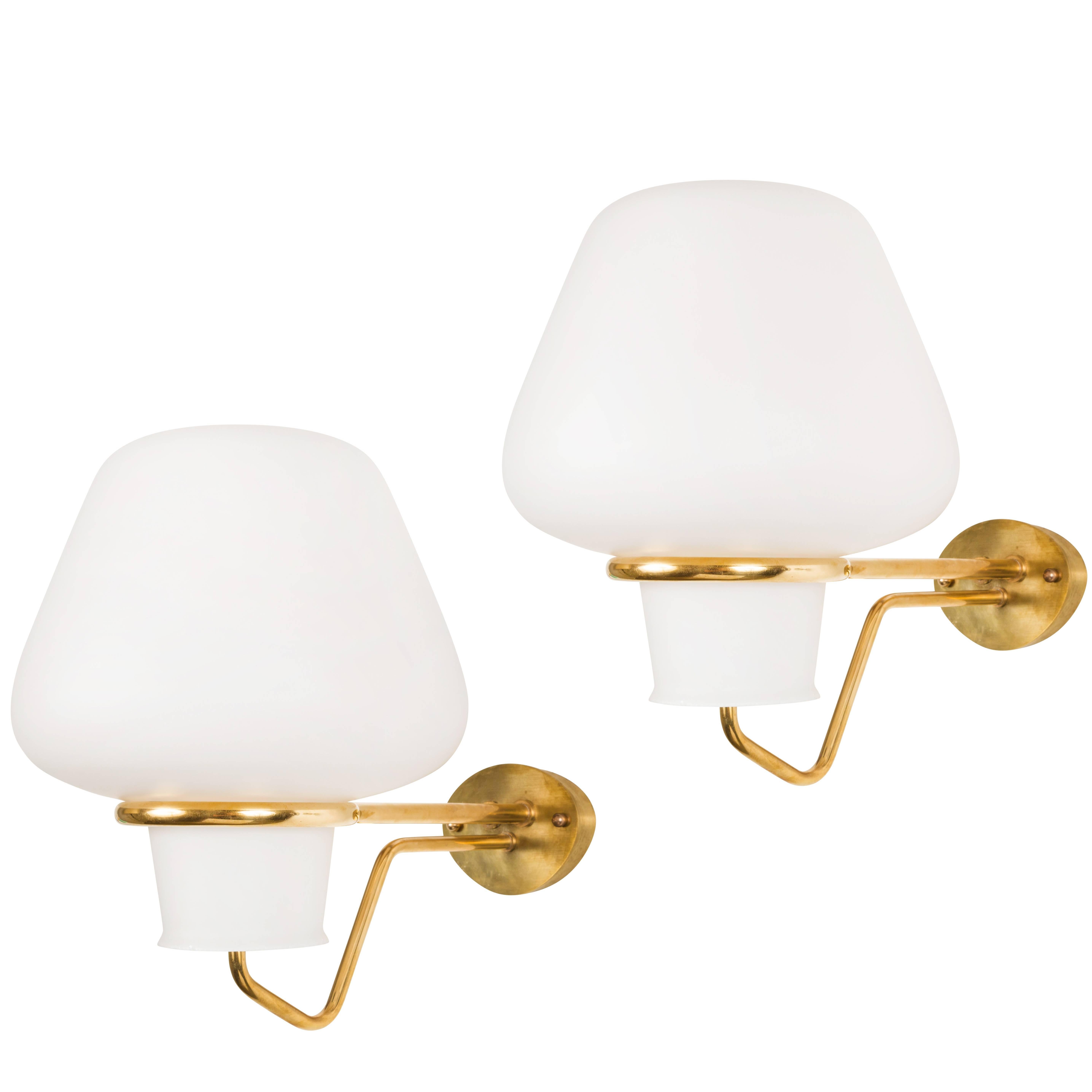 Pair of Brass and White Satin Glass Sconces by ASEA of Sweden
