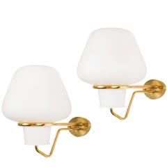 Pair of Brass and White Satin Glass Sconces by ASEA of Sweden