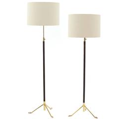 Pair of Brass and Leather Adjustable French Tripod Floor Lamps