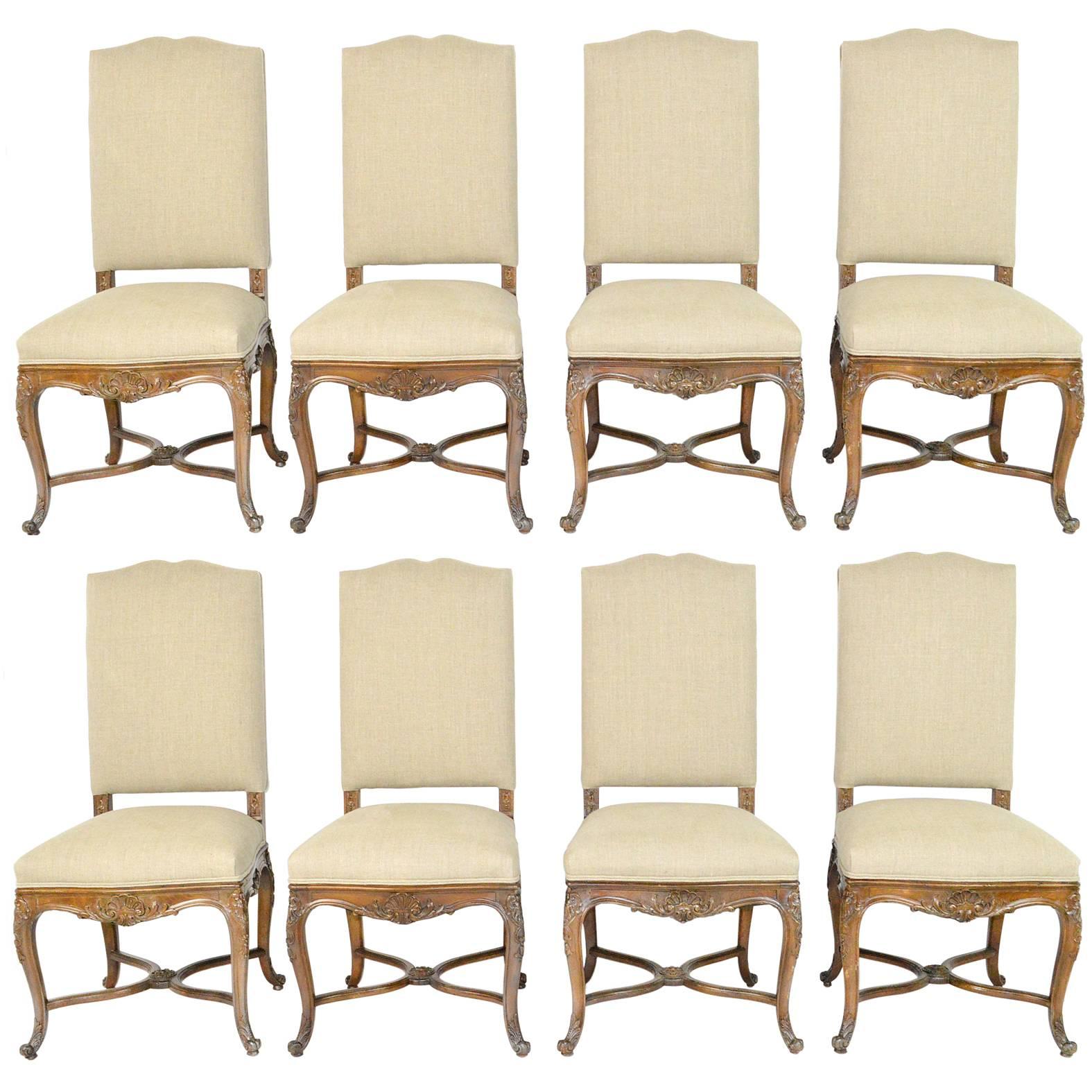 Set of Eight Louis XV Style Walnut Dining Chairs For Sale