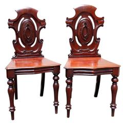 Antique Pair of Mahogany English Hall Chairs with Carved Backs, 19th Century