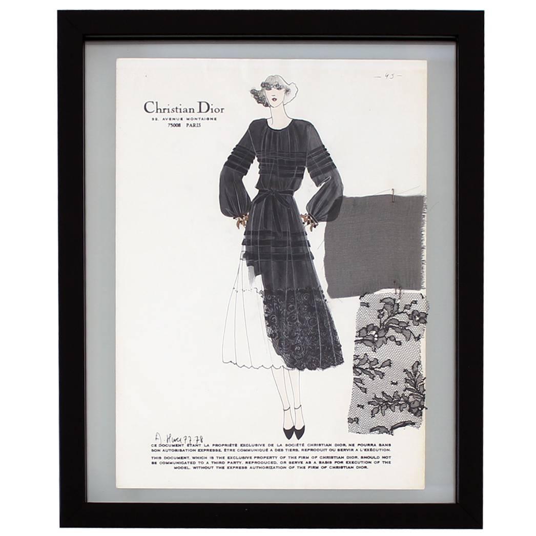 Vintage Haute Couture Christian Dior Fashion Sketch For Sale