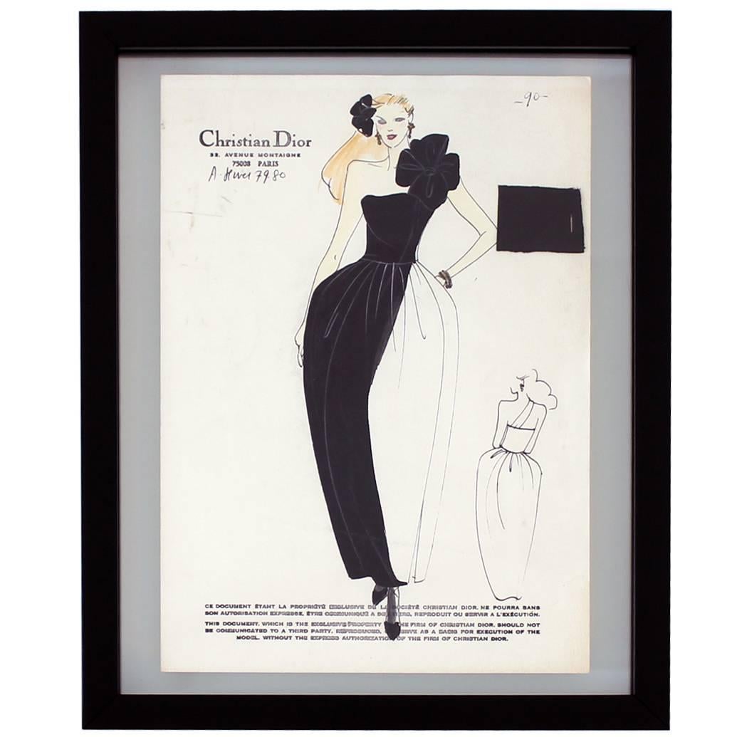 Vintage Haute Couture Christian Dior Fashion Sketch For Sale