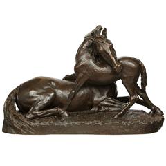 French 19th Century Patinated Bronze, of a Mare and Foal Signed by Guerin
