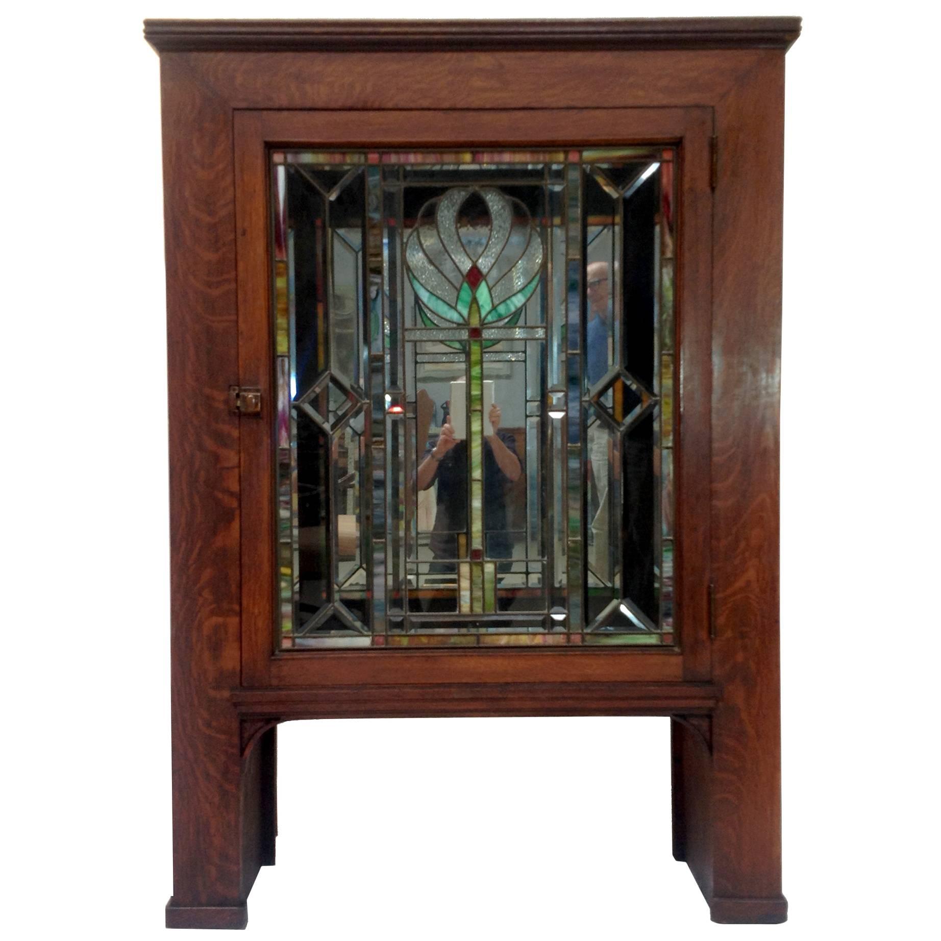 Antique Stickley Style Cabinet with Stained Glass Door