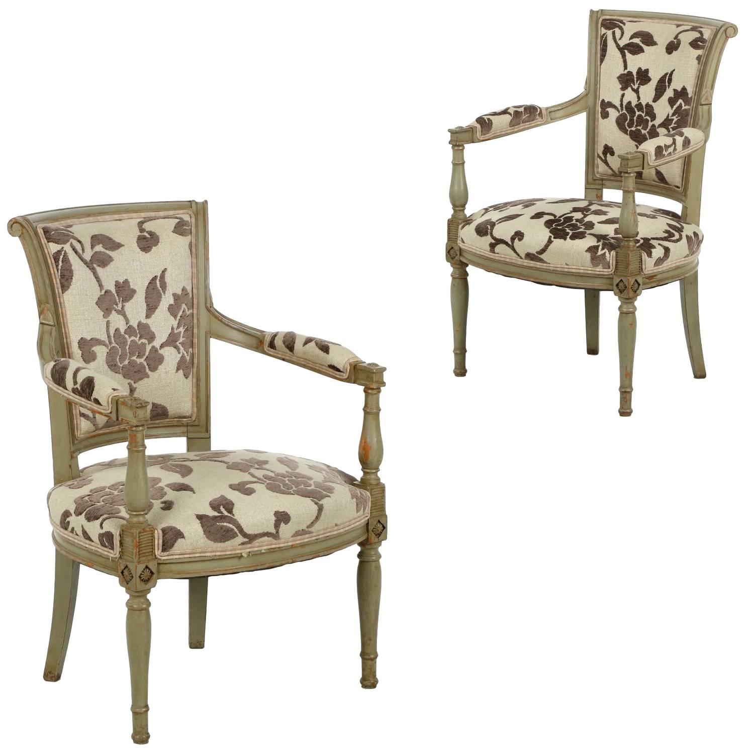 Pair of French Neoclassical Antique Green Painted Arm Chairs