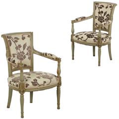Pair of Distressed Green Painted French Directoire Antique Armchairs 5