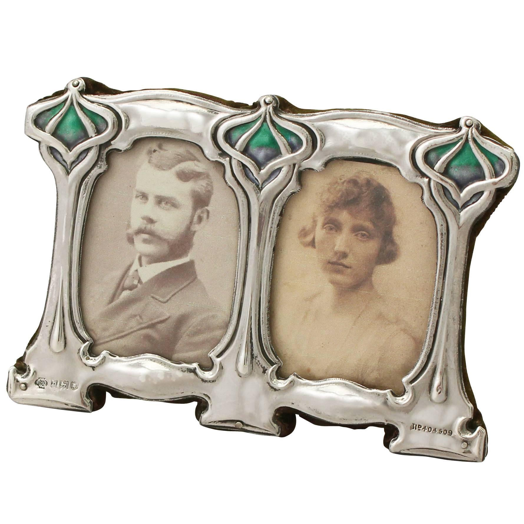 Edwardian Art Nouveau Enamel and Sterling Silver Double Photograph Frame