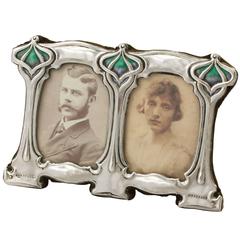 Edwardian Art Nouveau Enamel and Sterling Silver Double Photograph Frame