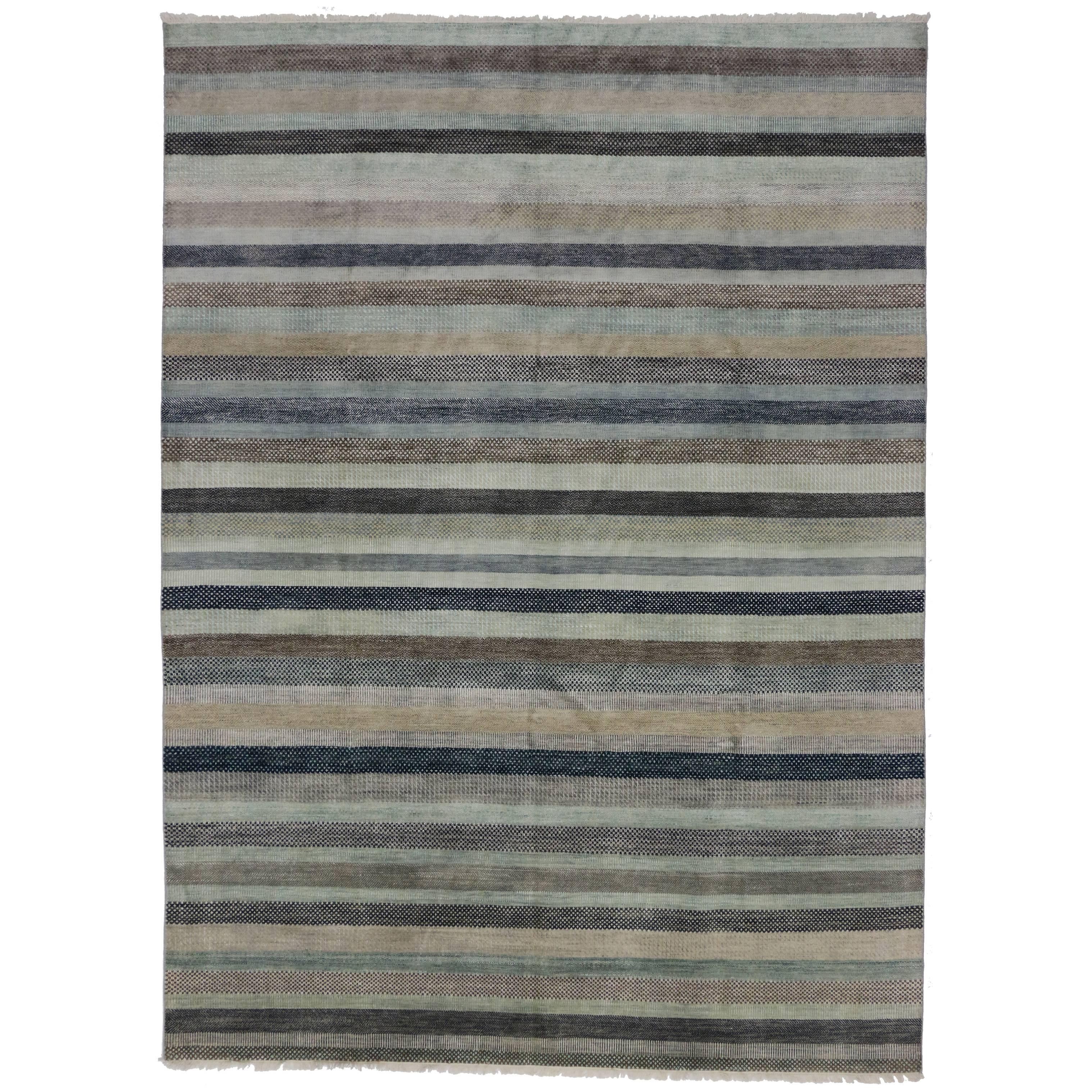 New Transitional Striped Area Rug with Nautical, Coastal Cape Cod Style