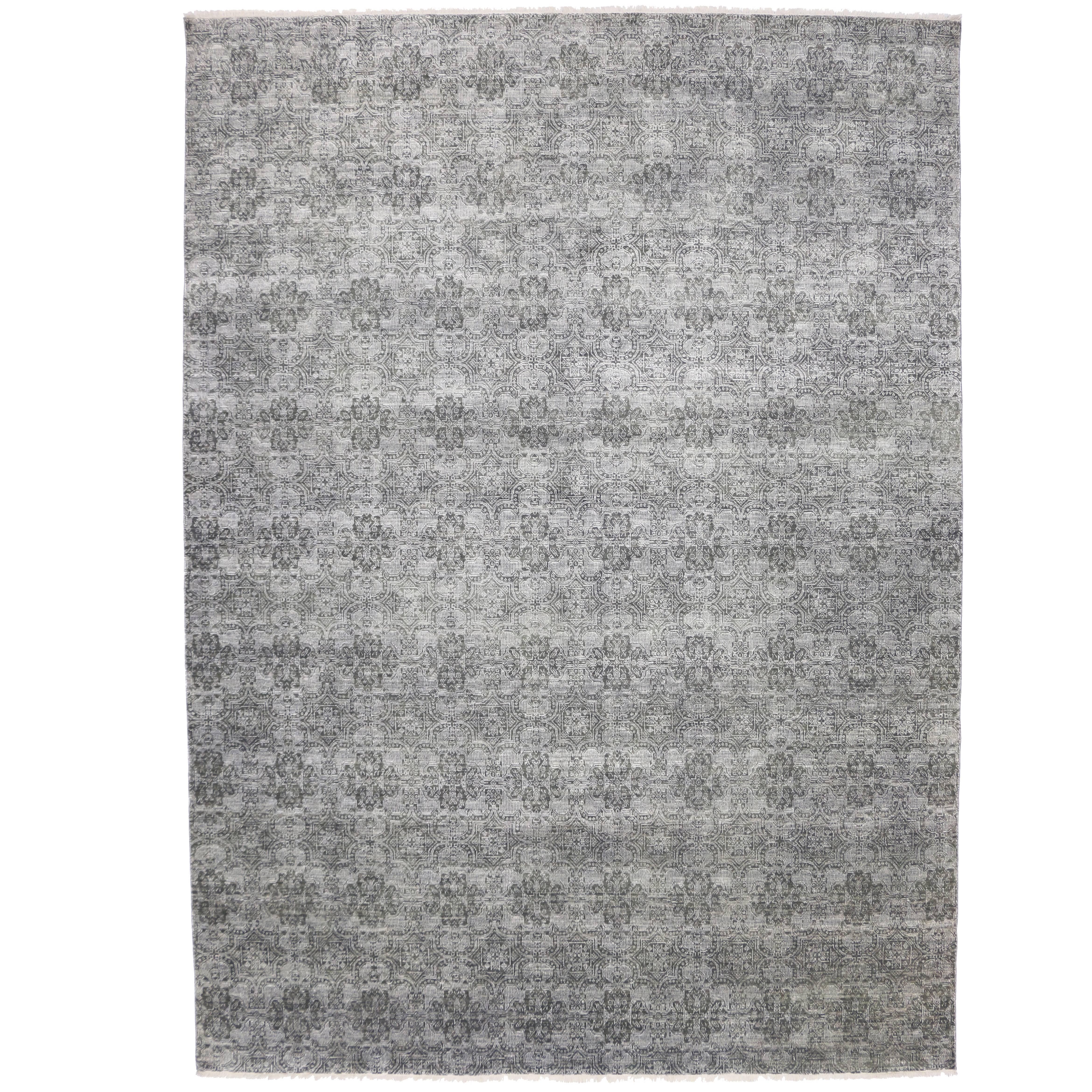 Transitional Gray Rug with Exotic Arabesque Pattern and Modern Style