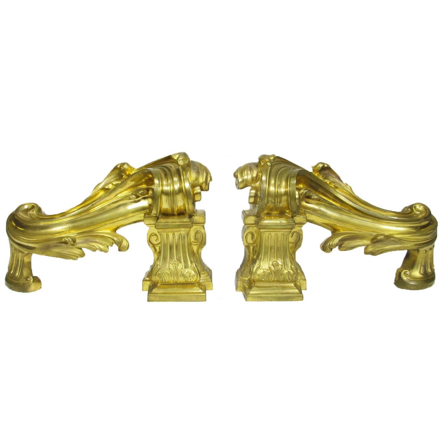 Very Fine Pair of French 19th Century Louis XV Style Gilt-Bronze Chenets