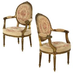Antique Pair of French Louis XVI Style Carved Giltwood Fauteuil Armchairs, 19th Century