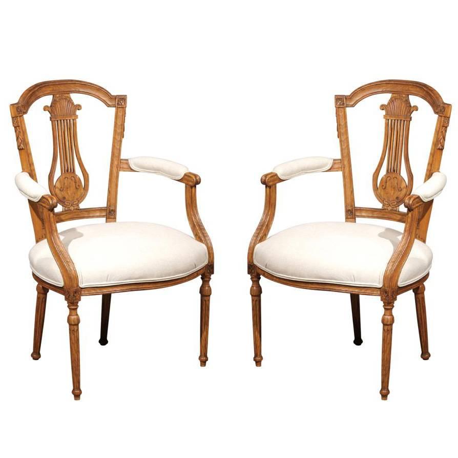 Neoclassical Period Pair of Ashwood Armchairs with Carved Lyre Splat, circa 1790 For Sale