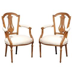 Neoclassical Period Pair of Ashwood Armchairs with Carved Lyre Splat, circa 1790 8