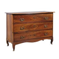 Italian 18th Century Walnut Commode with Diamond Inlay and Three Drawers