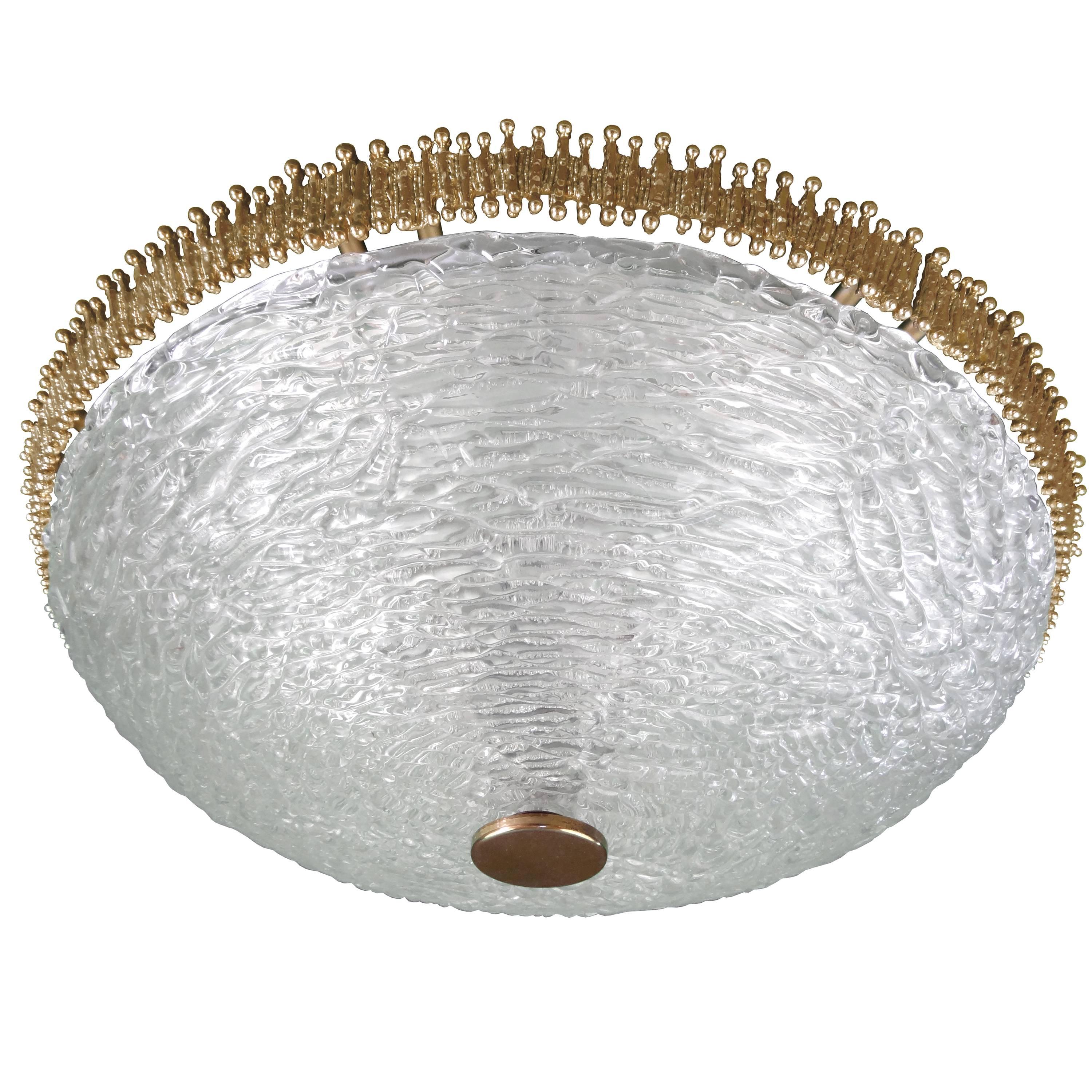 Textured Clear Glass and Brass Fixture by Hillebrand or Kaise. Two (2) Available For Sale