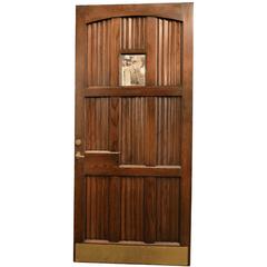 Antique Handsome Oak Linen Fold Entry Door with Window and Original Hardware