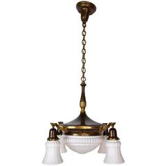 Colonial Revival Brass Fixture with Original Fluted Glass Shades