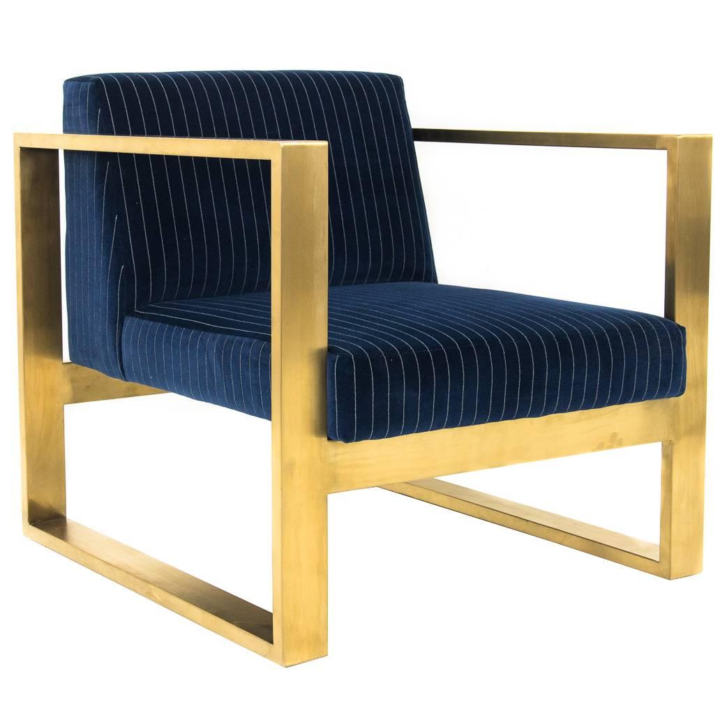 Modern Style Kube Chair in Navy & White Pinstriped Velvet & Brass U-Leg Frame For Sale