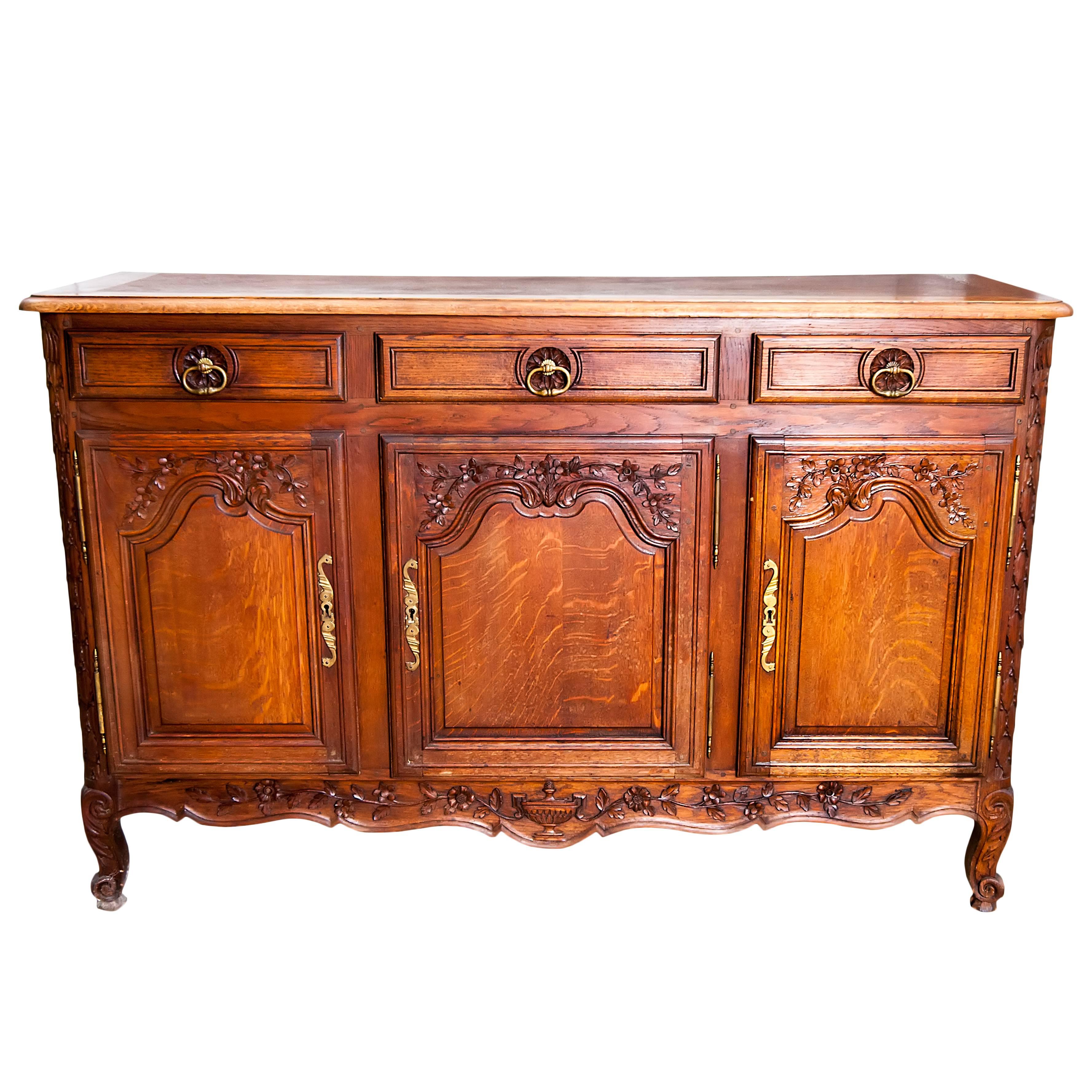 Late 19th Century French Regency Three-Door Three-Drawer Enfilade in Carved Oak