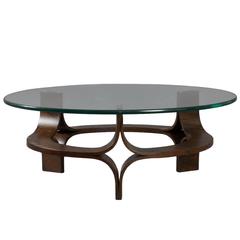 Round walnut Mid-Century Modern Sculptural Bentwood Glass Top Coffee Table