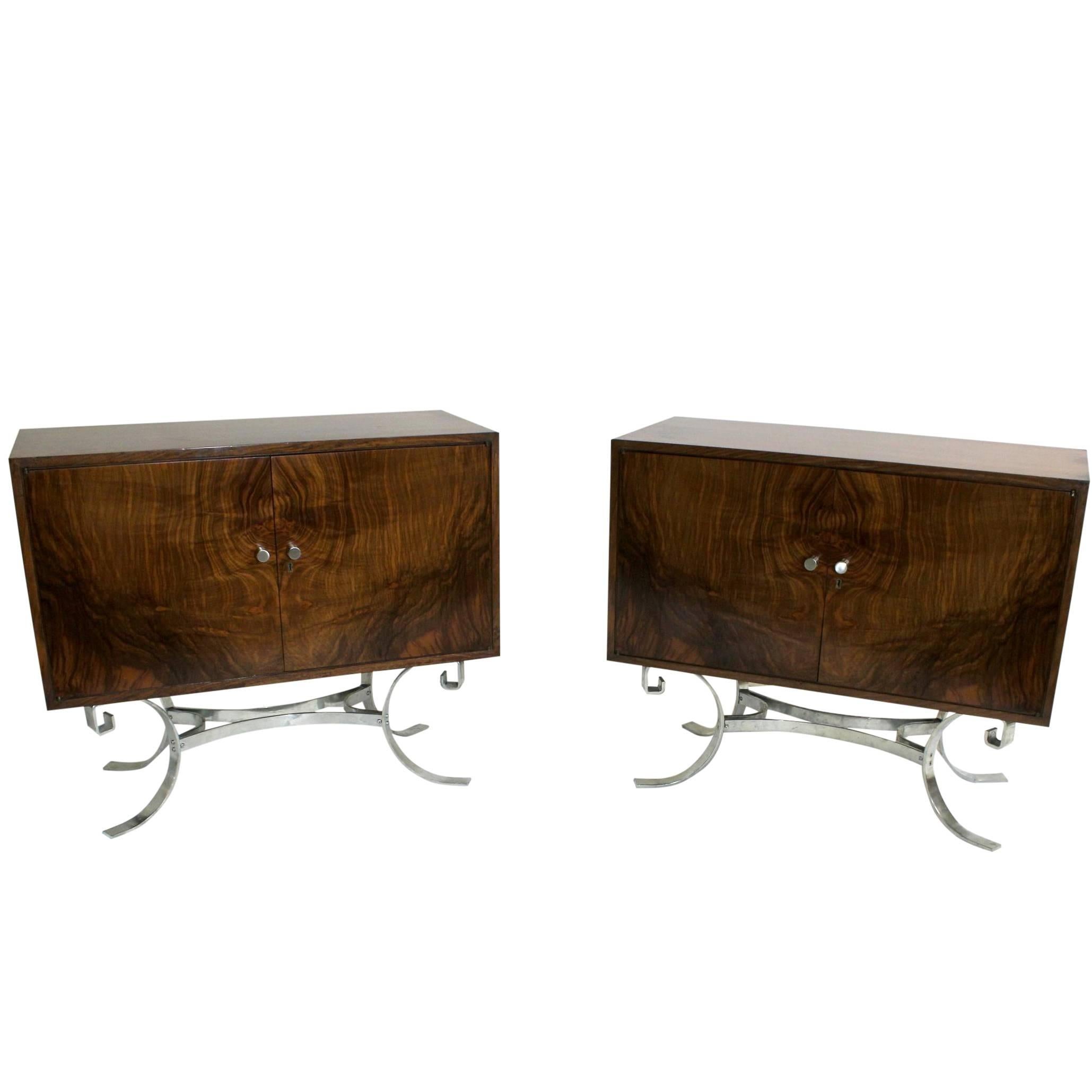 Pair of Mid-Century Modern Walnut and Chrome Cabinets Dressers Side Tables For Sale