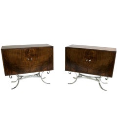 Pair of Mid-Century Modern Walnut and Chrome Cabinets Dressers Side Tables