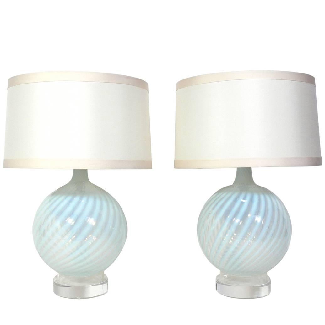 Pair of Murano Glass Lamps with Lucite Bases
