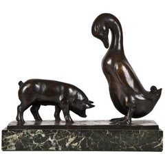 Vintage 20th Century Bronze Titled Pig and Duck by Mahonri Macintosh Young