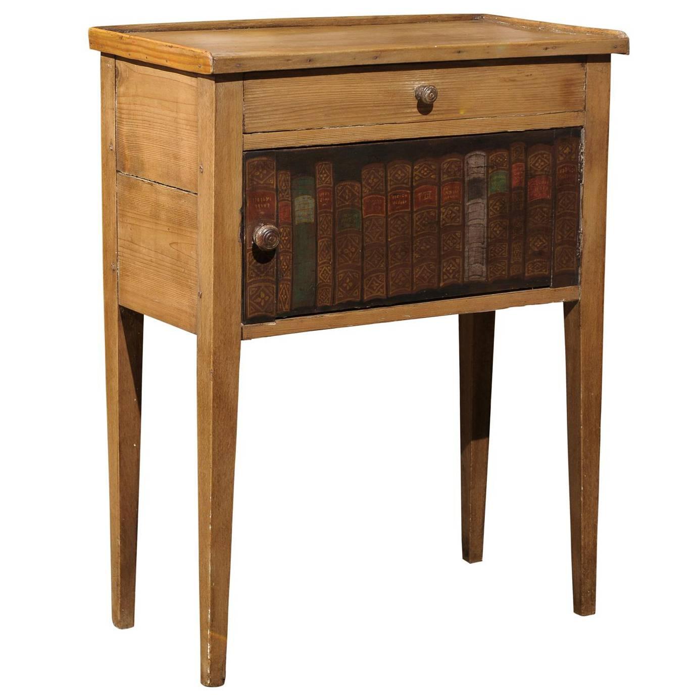 English Pine Side Table with Drawer and Faux Book Door from the 19th Century