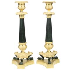 Rare Pair of Candlesticks, circa 1840, Lion
s Paws, Dark Green Patinated