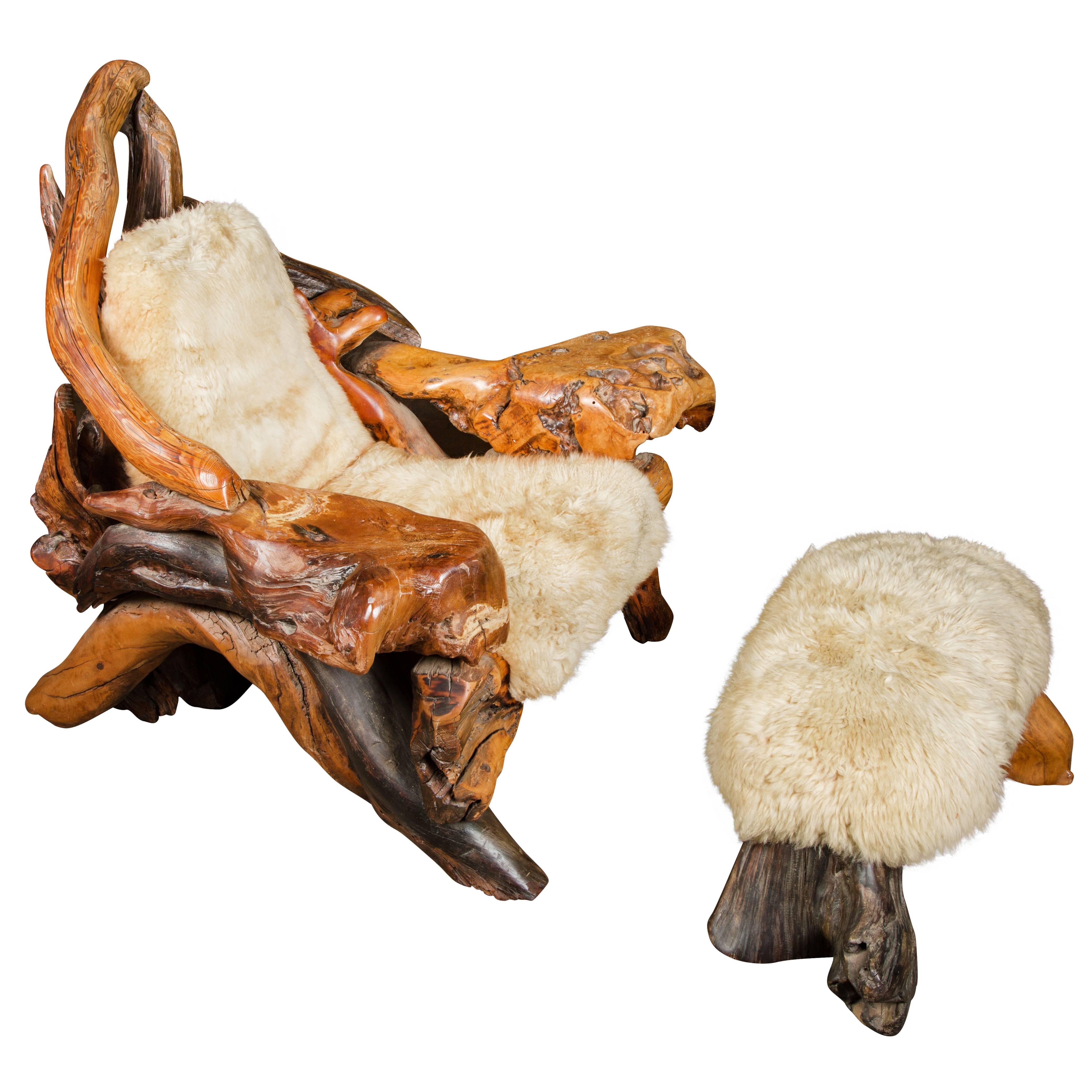 Oversize Biomorphic Burl Wood Lounge Chair and Ottoman with Sheepskin