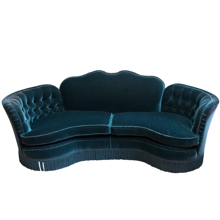 1951 Emerald Green Tufted Curved Original Mohair Sofa For At 1951 Emerald Green Tufted Curved Original Mohair Sofa For