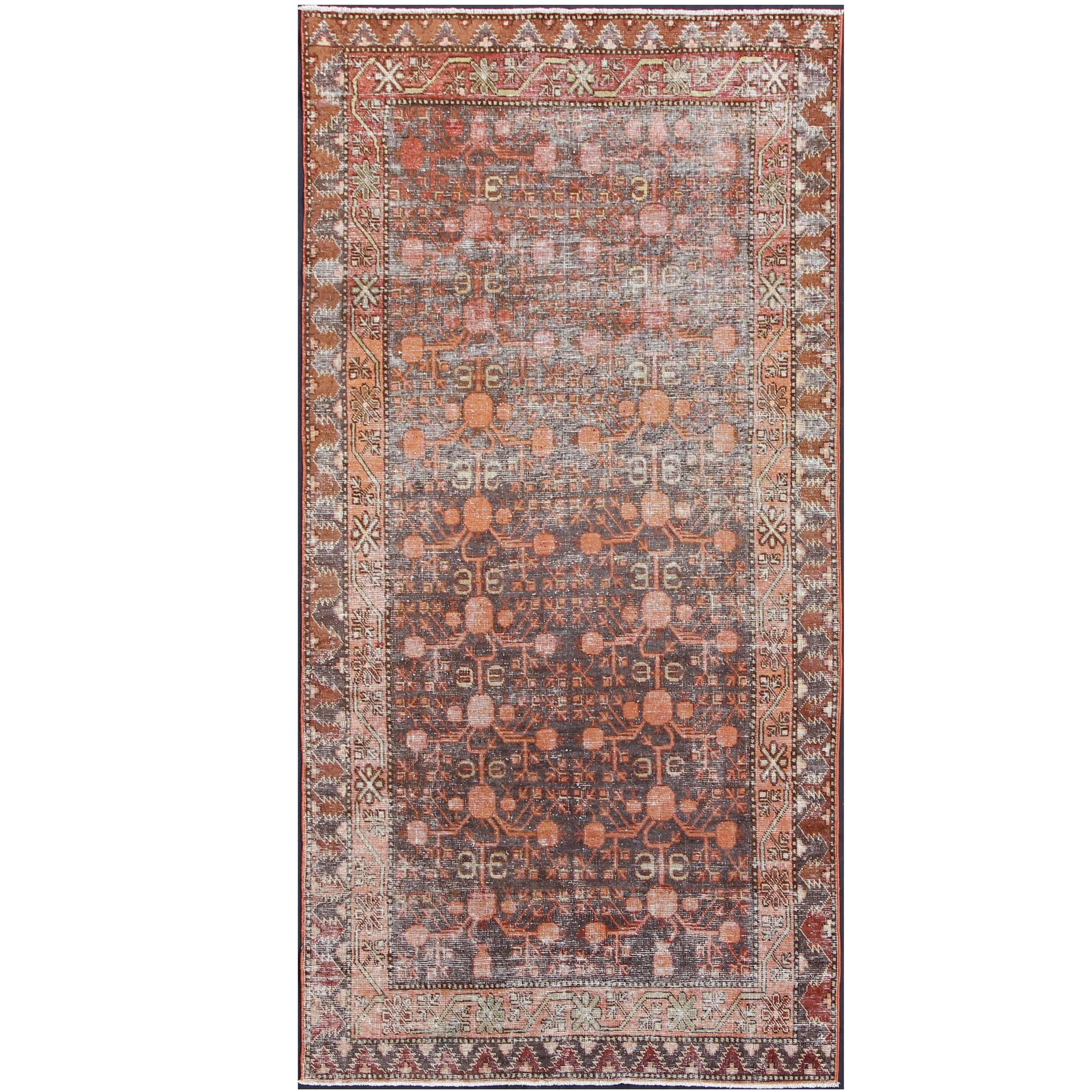 Antique Khotan Carpet in Charcoal, Burnt Red, Salmon and Taupe For Sale