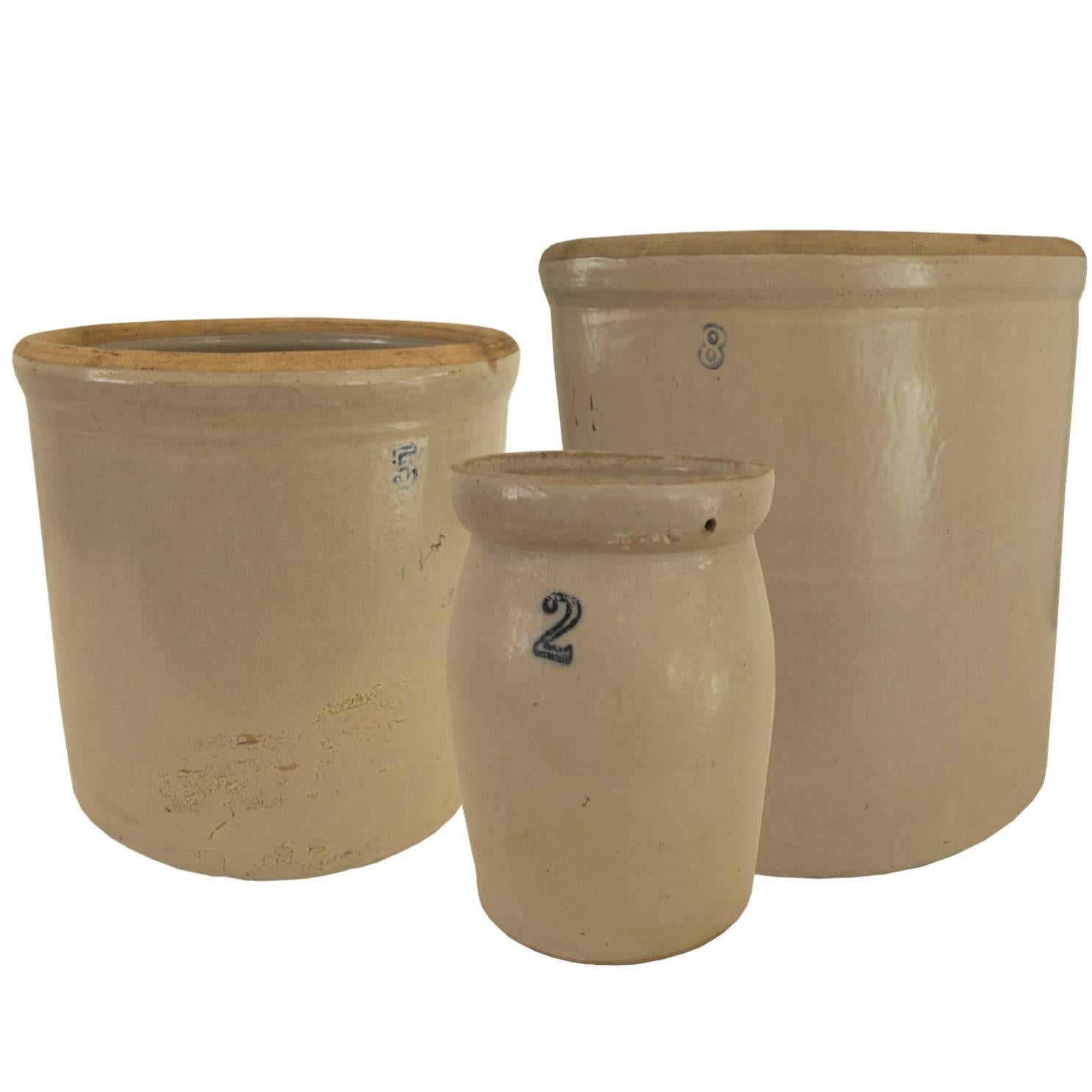 Collection of Three Stoneware Storage Crocks For Sale