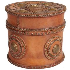 Large Antique Italian Leather Box with Decorative Brass Studs, circa 1900