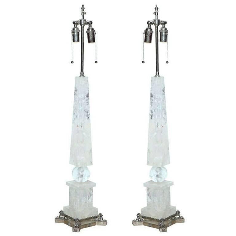Pair of Rock Crystal and Silver Plated Lamps For Sale