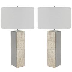 Vintage Pair of Table Lamps in Ivory Flagstone with Brushed Steel Sides