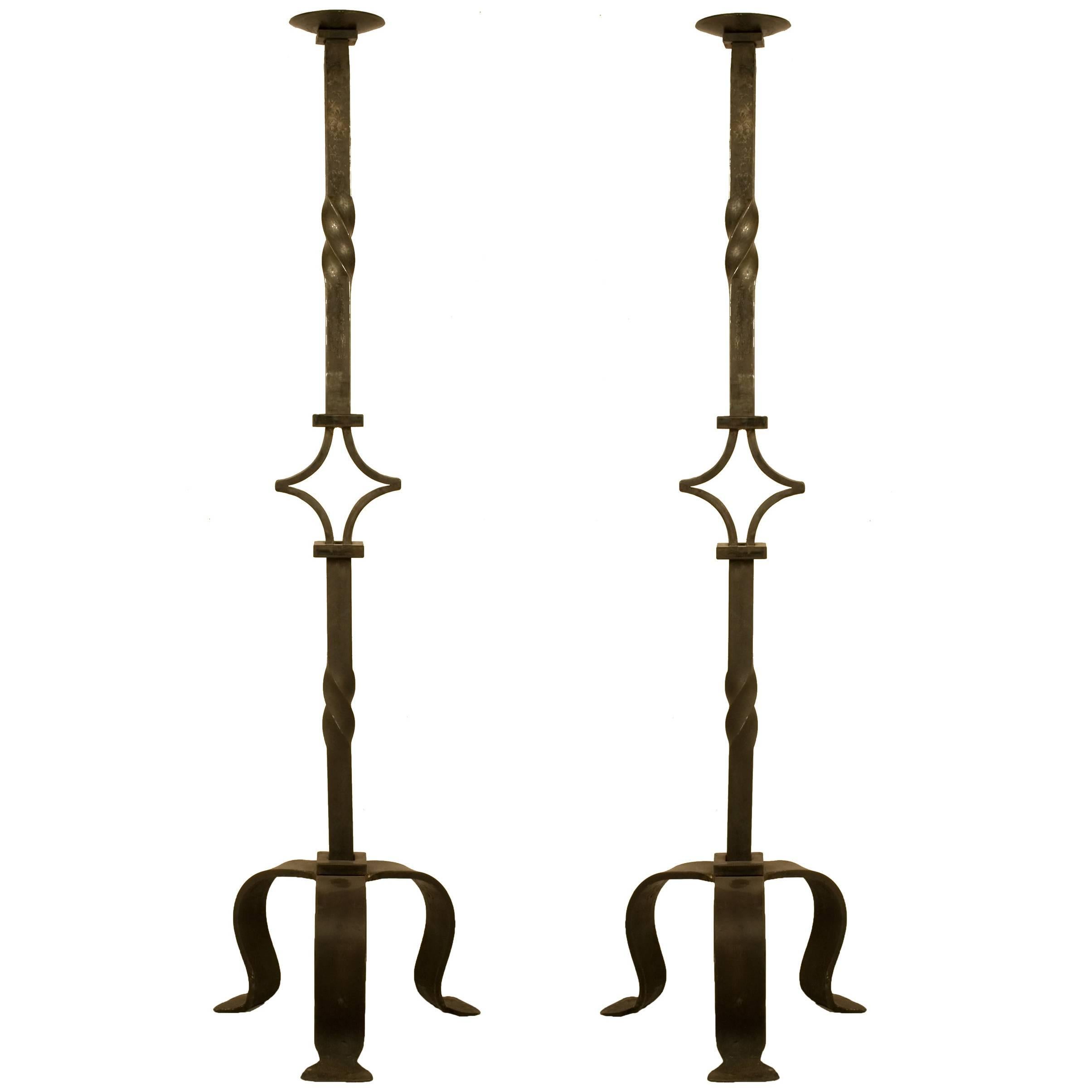 Monumental Pair of Wrought Iron Candle Stands For Sale