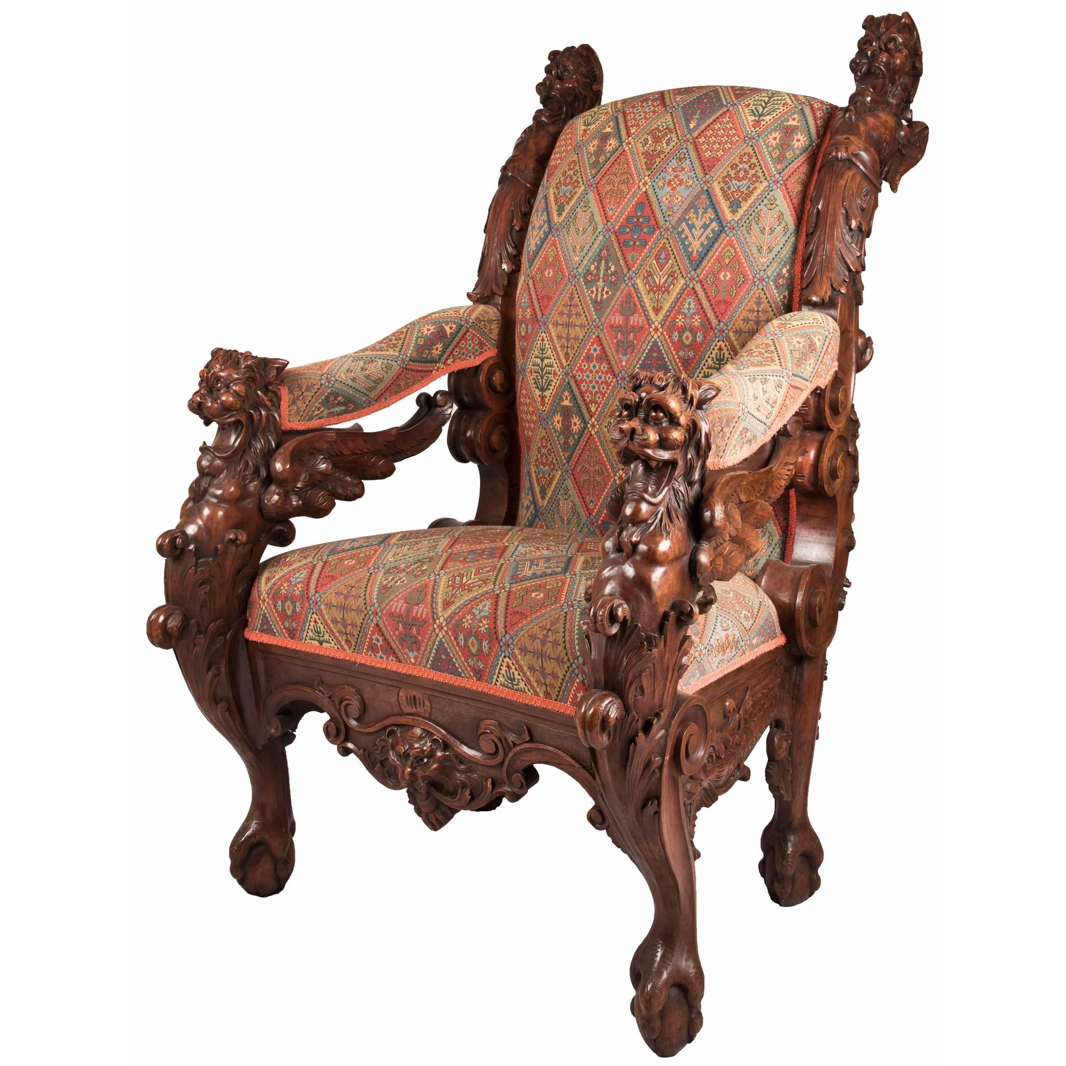 19th Century German Carved Mahogany Throne Chair