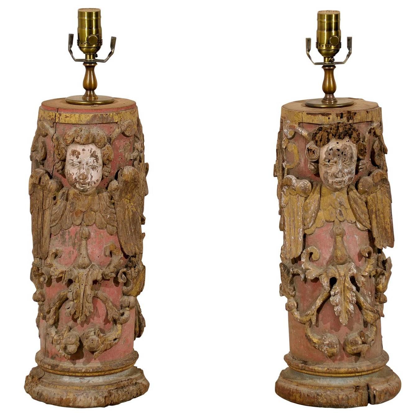 Pair of Portuguese 18th Century Painted Wood Table Lamps with Angel Depiction For Sale