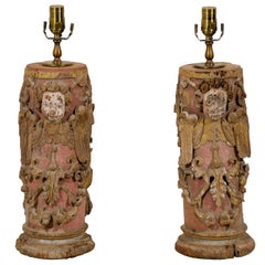 Antique Pair of Portuguese 18th Century Painted Wood Table Lamps with Angel Depiction