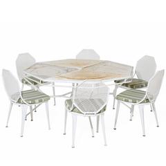 Used White Patio Table and Six Chairs with Upholstered Seat Cushions