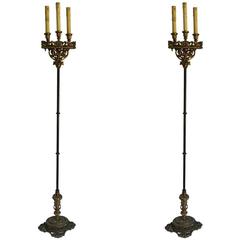 Pair of Bronze and Iron Torchieres with Three Lights