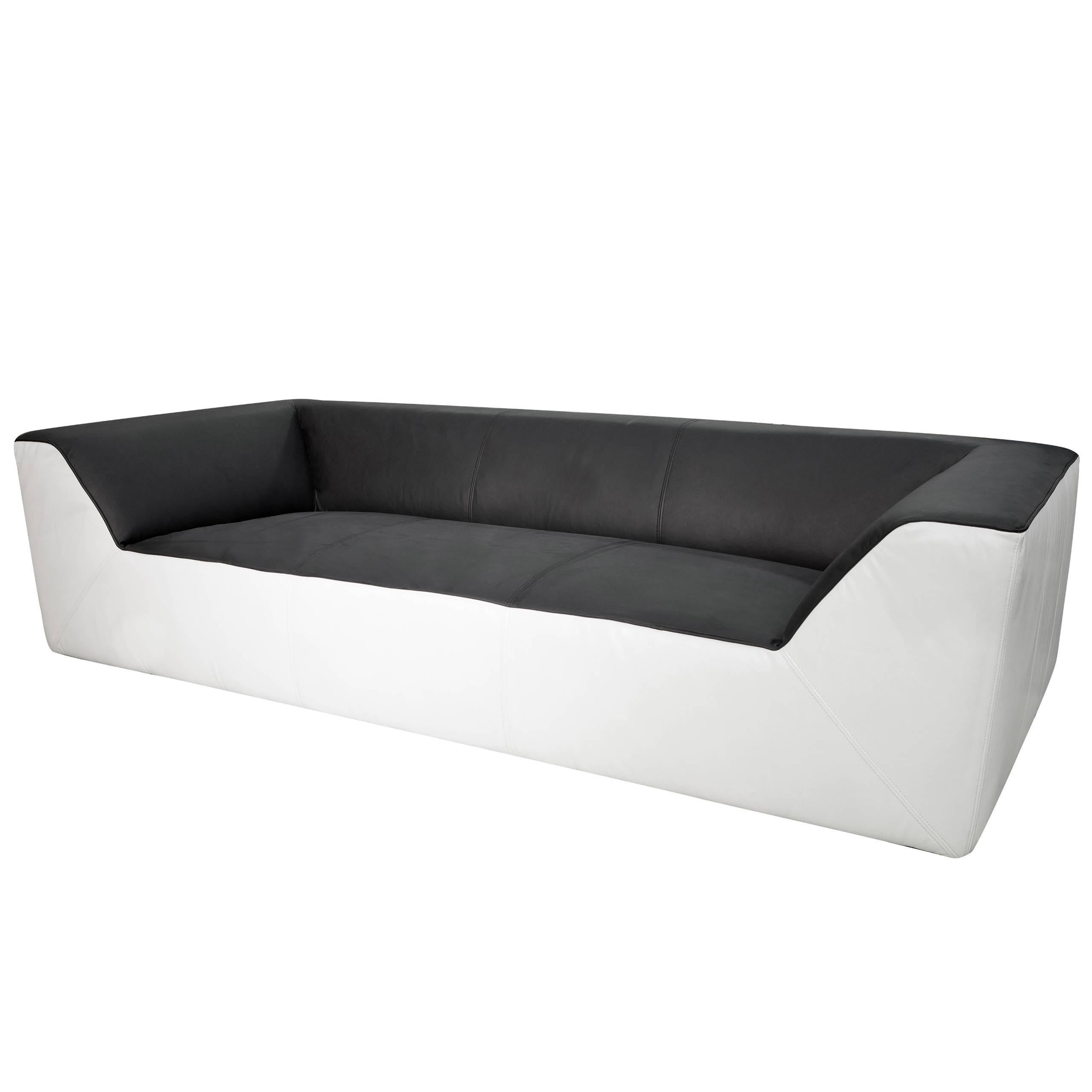 Set of Four Large Black and White Leather Three-Seat Sofas For Sale