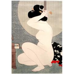 1930s Japanese Woodcut of a Nude Arranging Her Hair by Hirano Hakuho