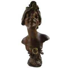 Julien Caussé, Art Nouveau Bronze Bust of a Young Beauty, France, circa 1900