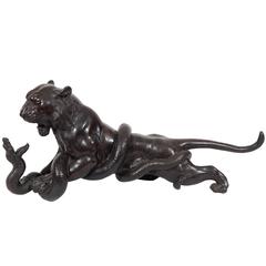 Japanese Tiger and Snake Sculpture in Bronze, Meiji Period
